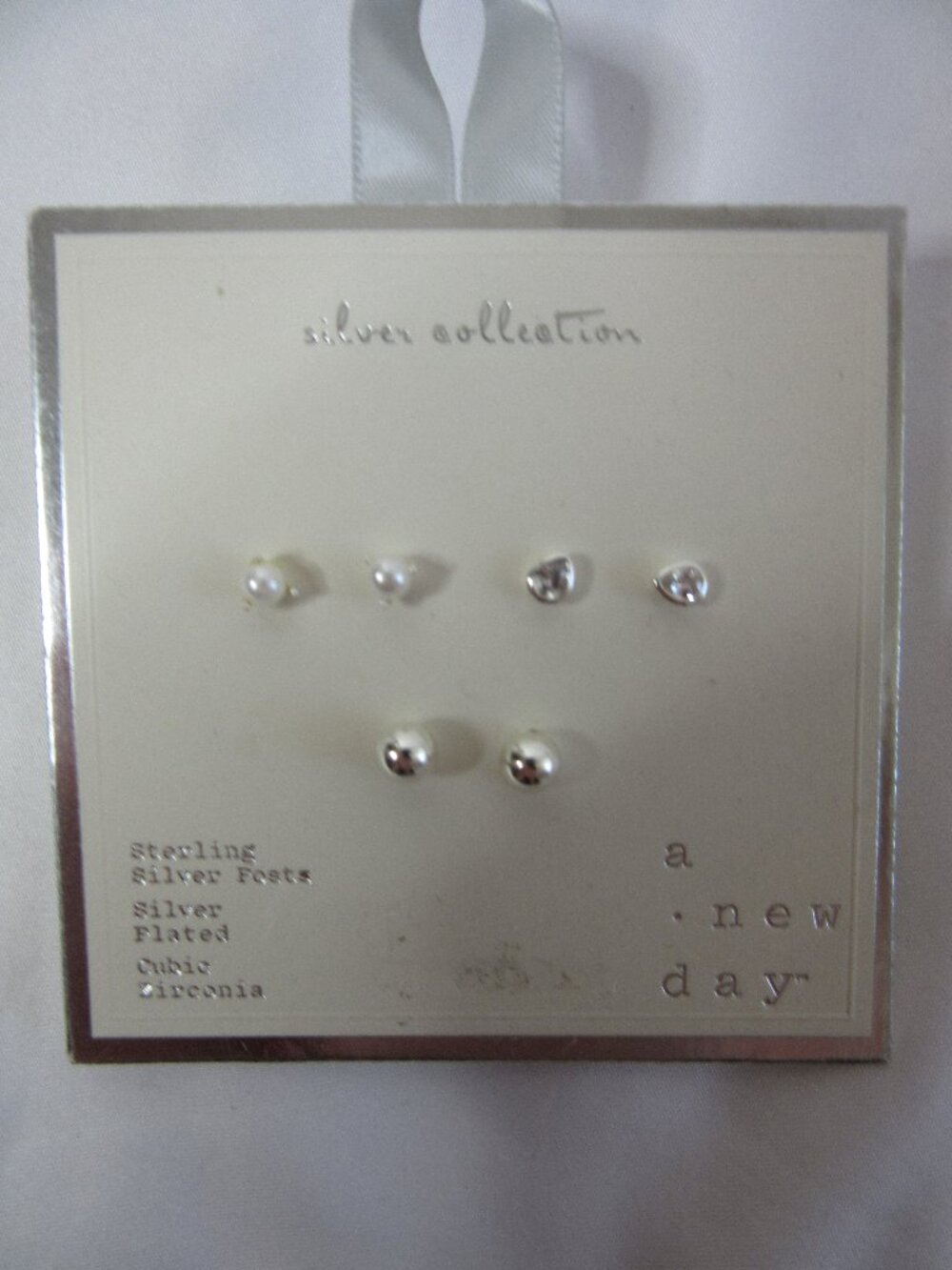 a new day Stud Earrings Sterling Silver Posts Plated Cubic Zirconia 3 Pairs NWT